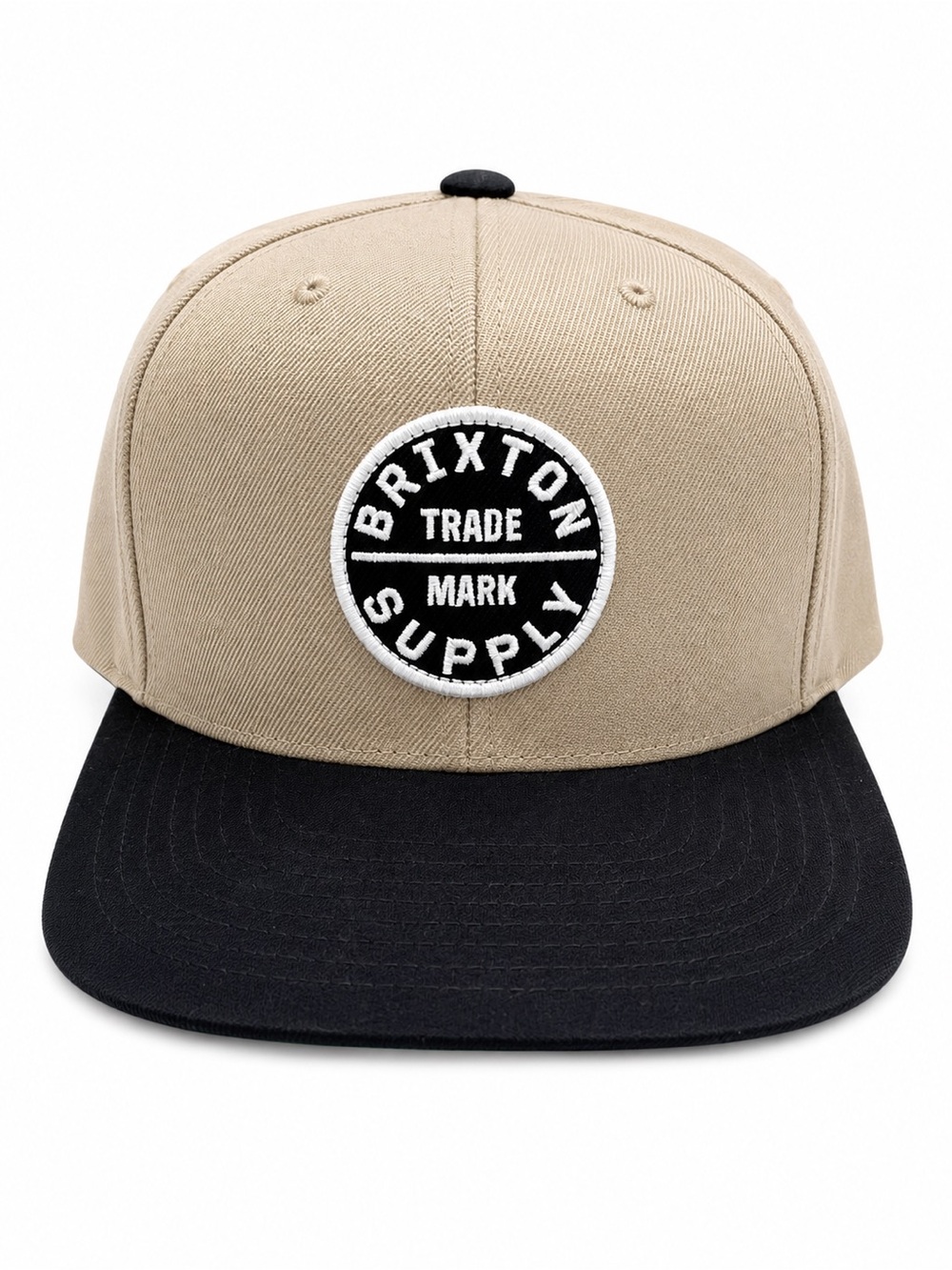 Brixton Supply Trade Mark Snapback Hat Beige Black Flat Brim Cap NWOT